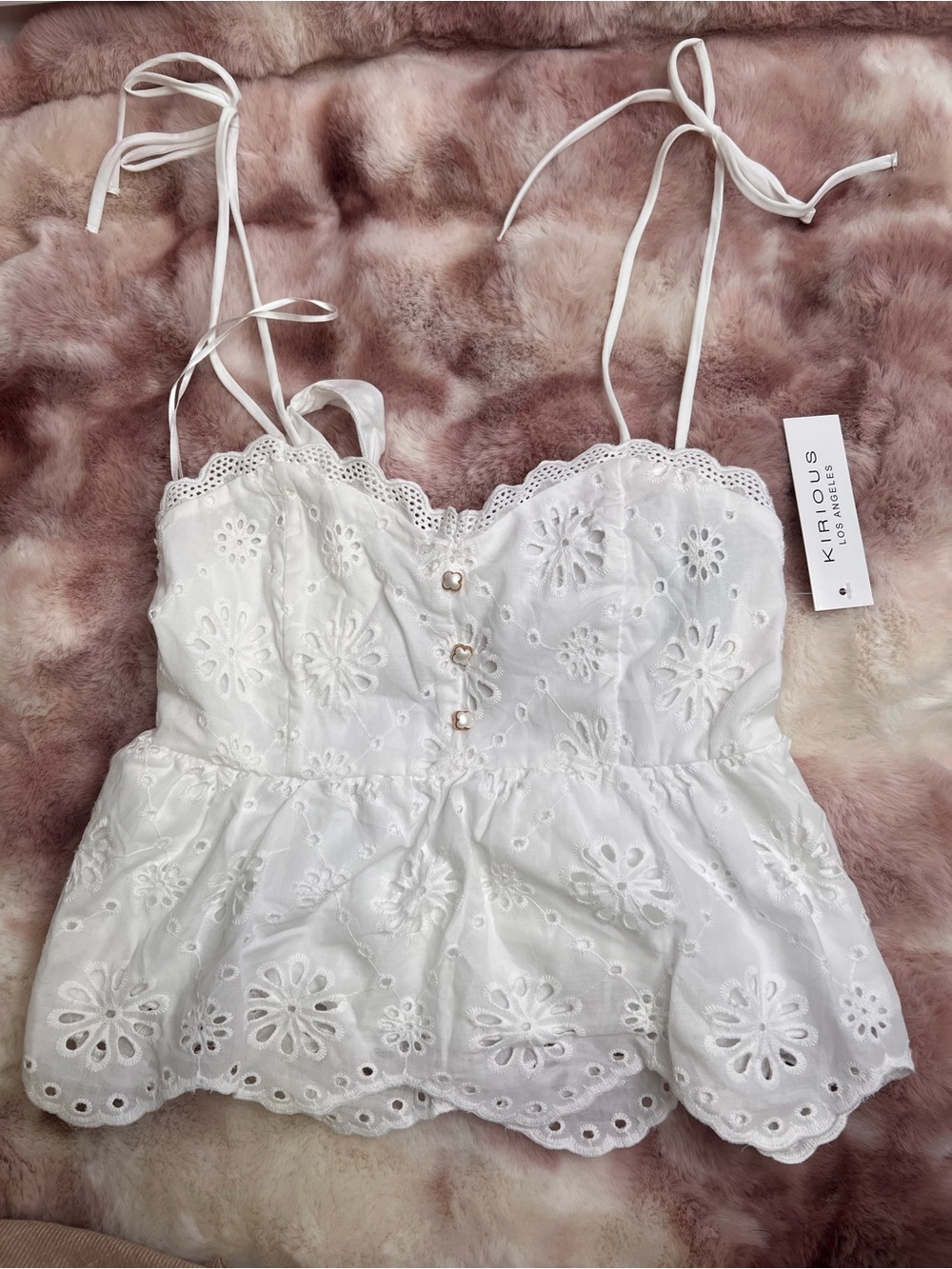 Kirious White Eyelet Lace Tie-Shoulder Peplum Camisole